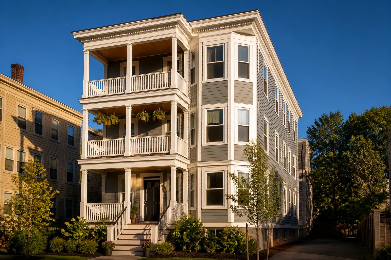 Classic Boston three-decker multifamily home with porches